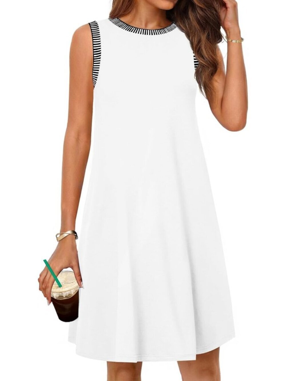 Women's White Sleeveless Tank Cruise Shift Swing Sundress Stylish Mini Dress